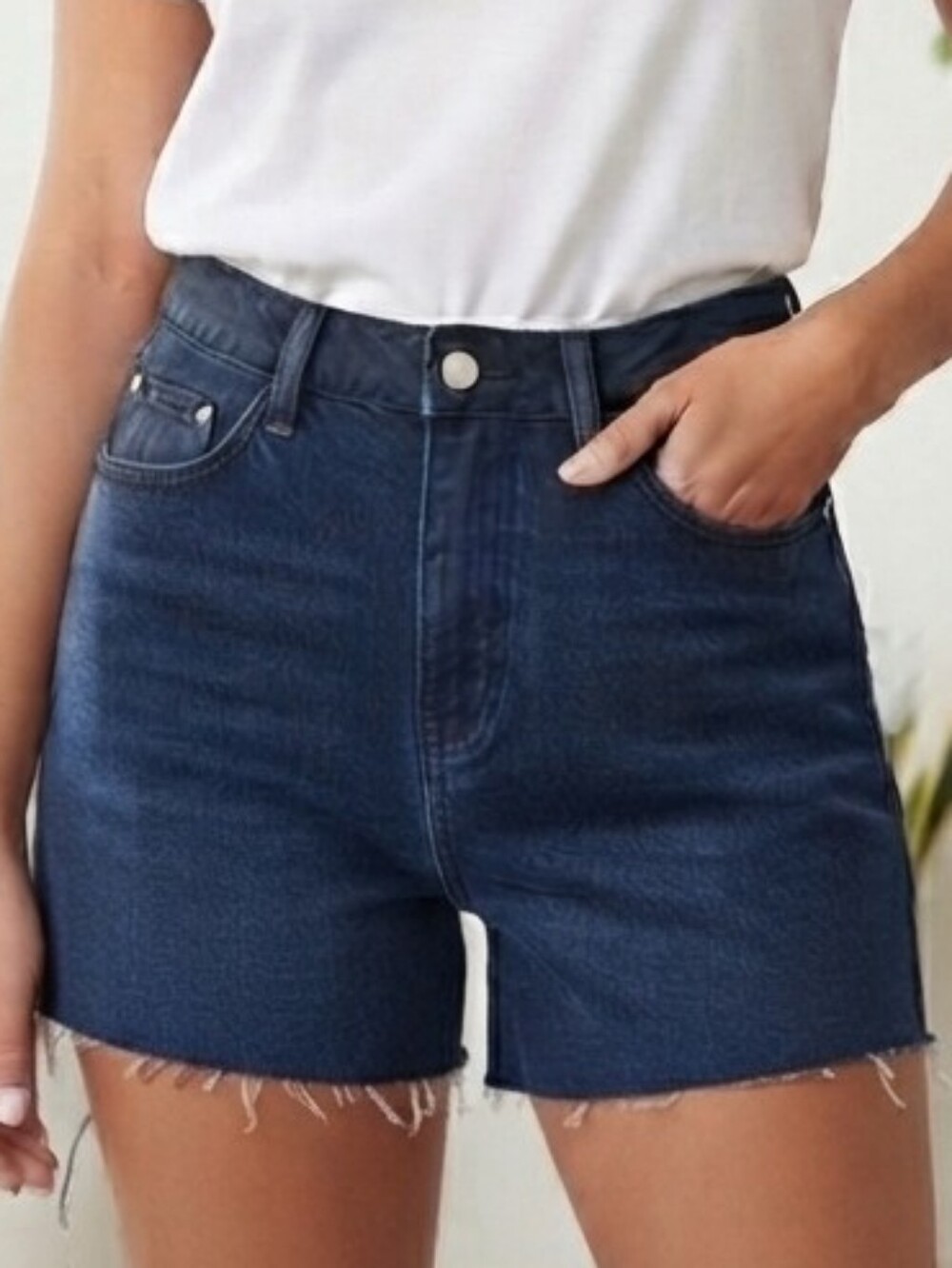 Blue Denim Shorts High Waisted Raw Hem Casual Classic Trendy Large GENLECK